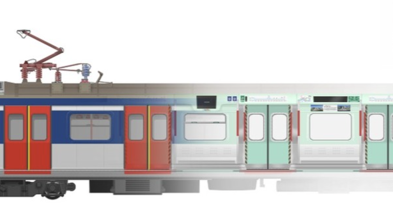 Illustration of an East Rail train with transition from exterioir to interior